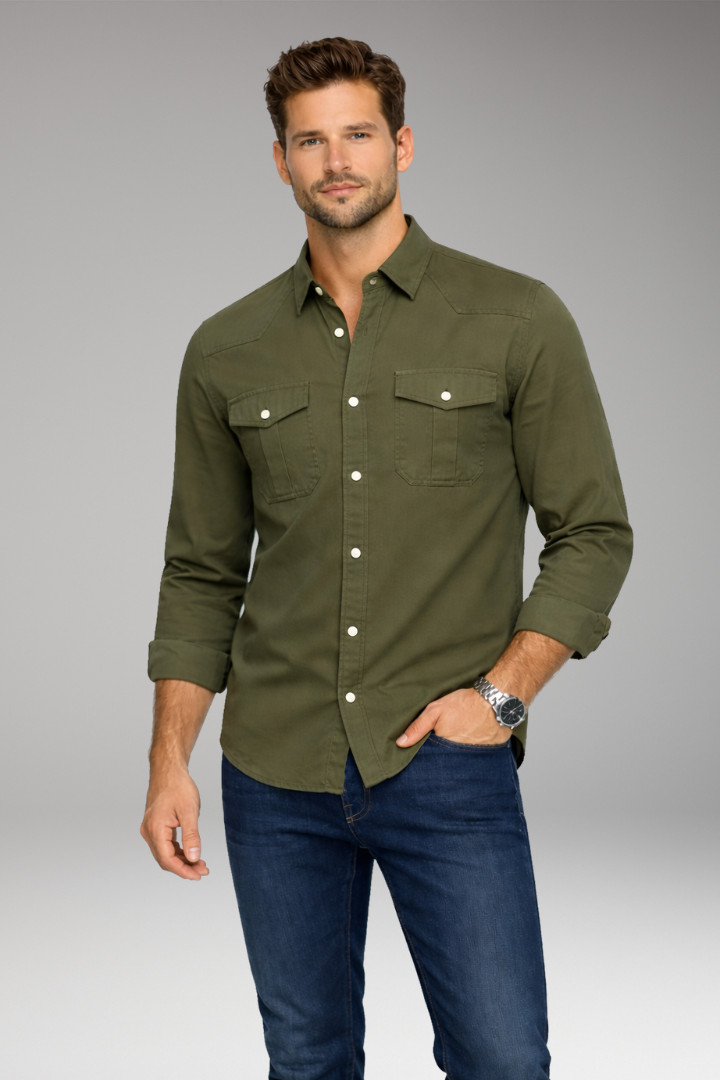 Men's Dress Shirt Button Front Chest Pockets