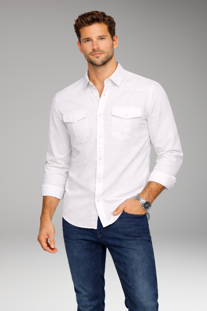 Men's Dress Shirt Button Front Chest Pockets