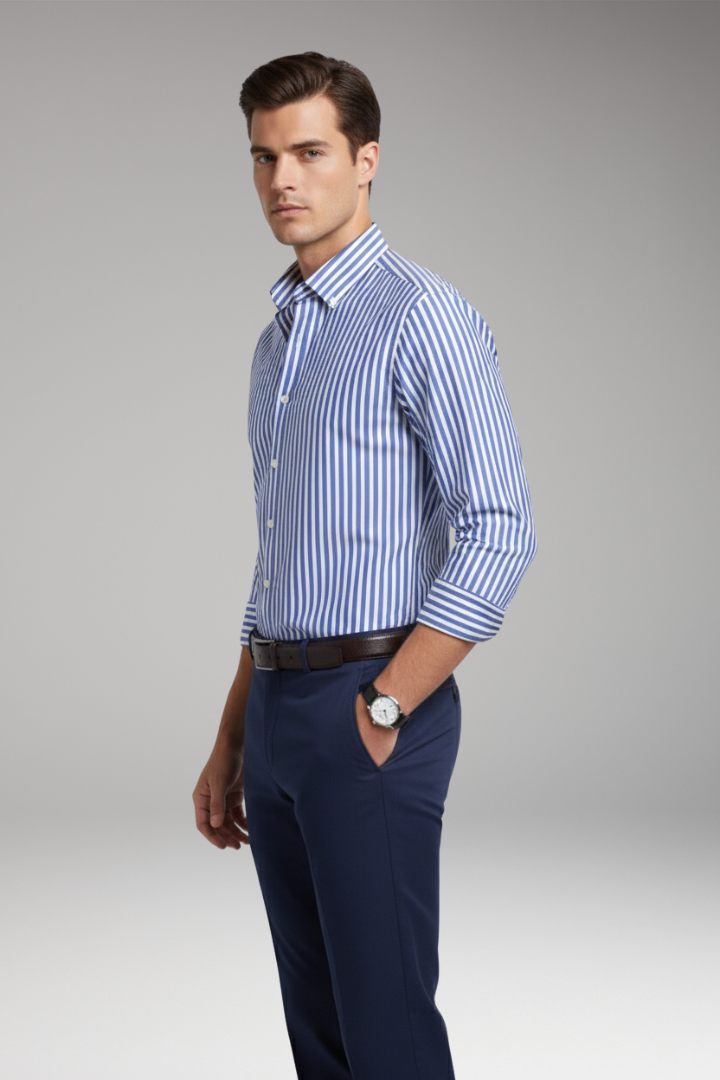 Men's Striped Dress Shirt Button Collar