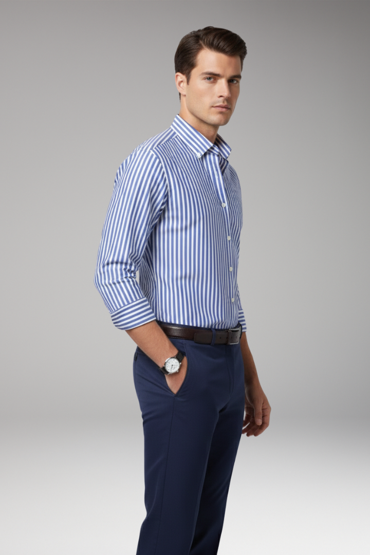 Men's Striped Dress Shirt Button Collar