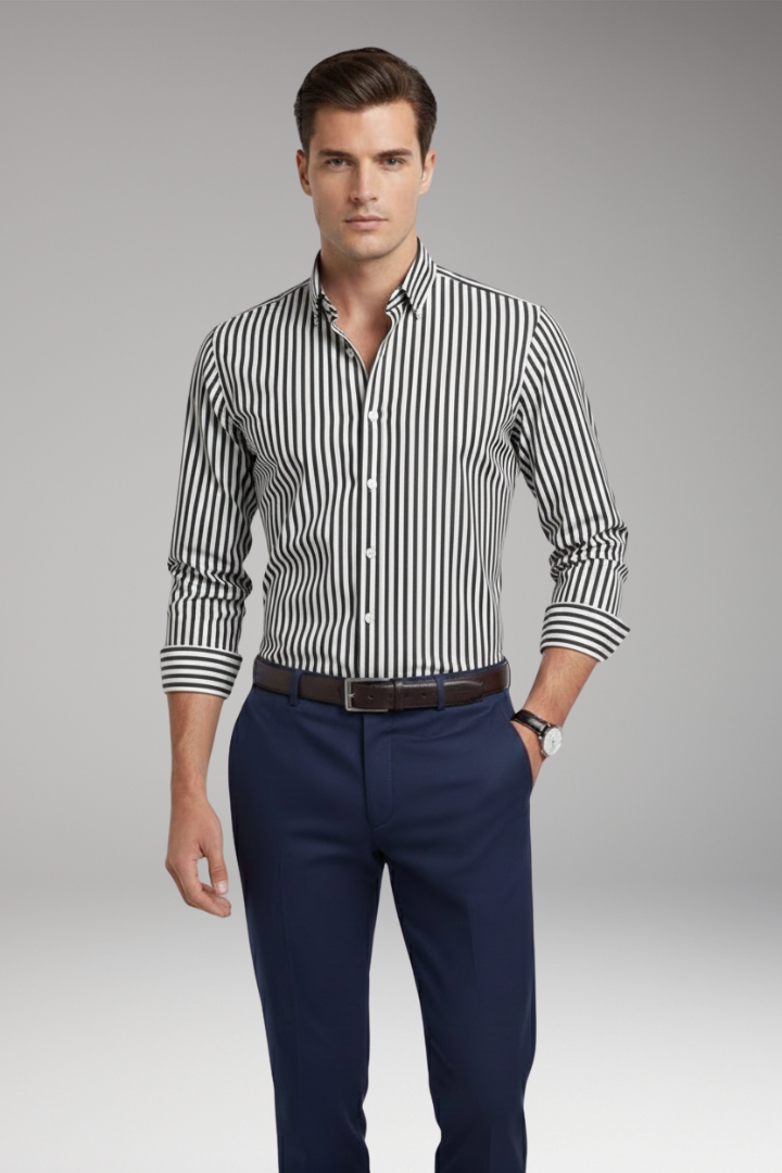 Men's Striped Dress Shirt Button Collar