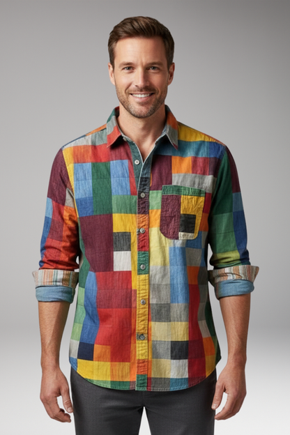 Men's Patchwork Shirt Cotton Chest Pocket