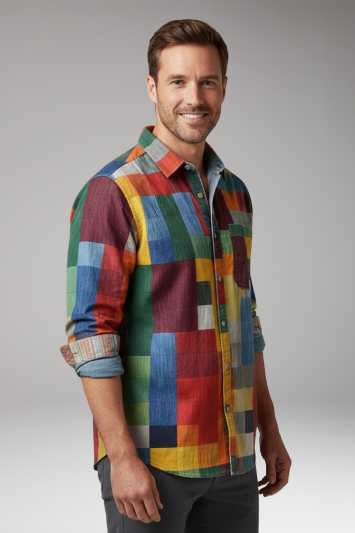 Men's Patchwork Shirt Cotton Chest Pocket