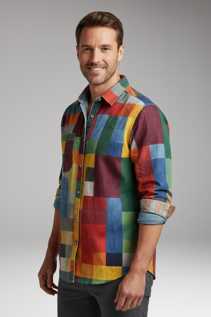 Men's Patchwork Shirt Cotton Chest Pocket