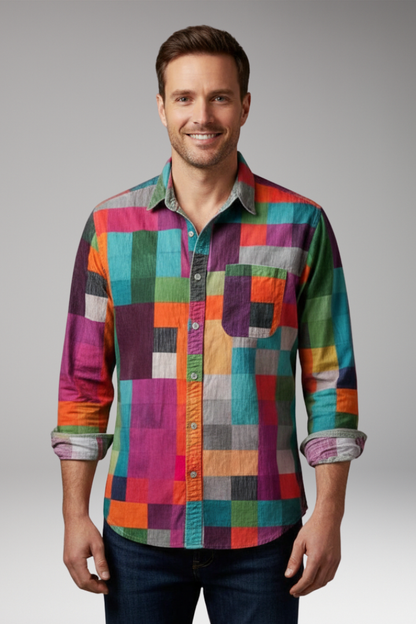 Men's Patchwork Shirt Cotton Chest Pocket
