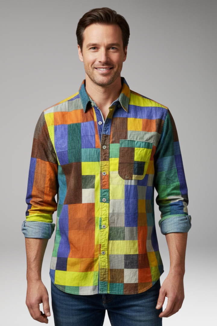Men's Patchwork Shirt Cotton Chest Pocket