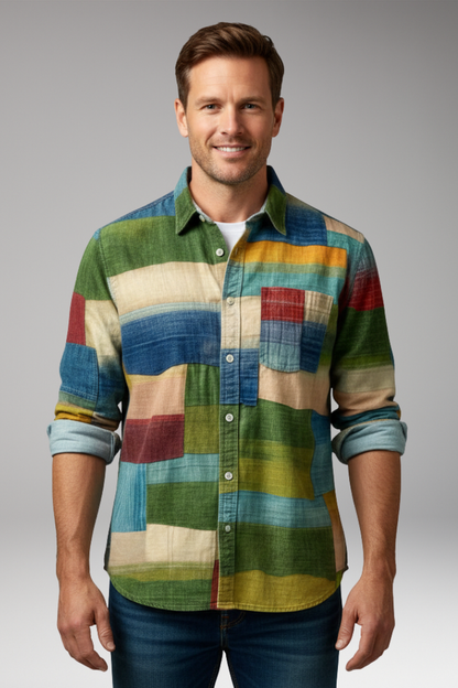 Men's Patchwork Shirt Cotton Chest Pocket