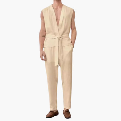 Men's Sleeveless Summer Set V-Neck Belted Pants