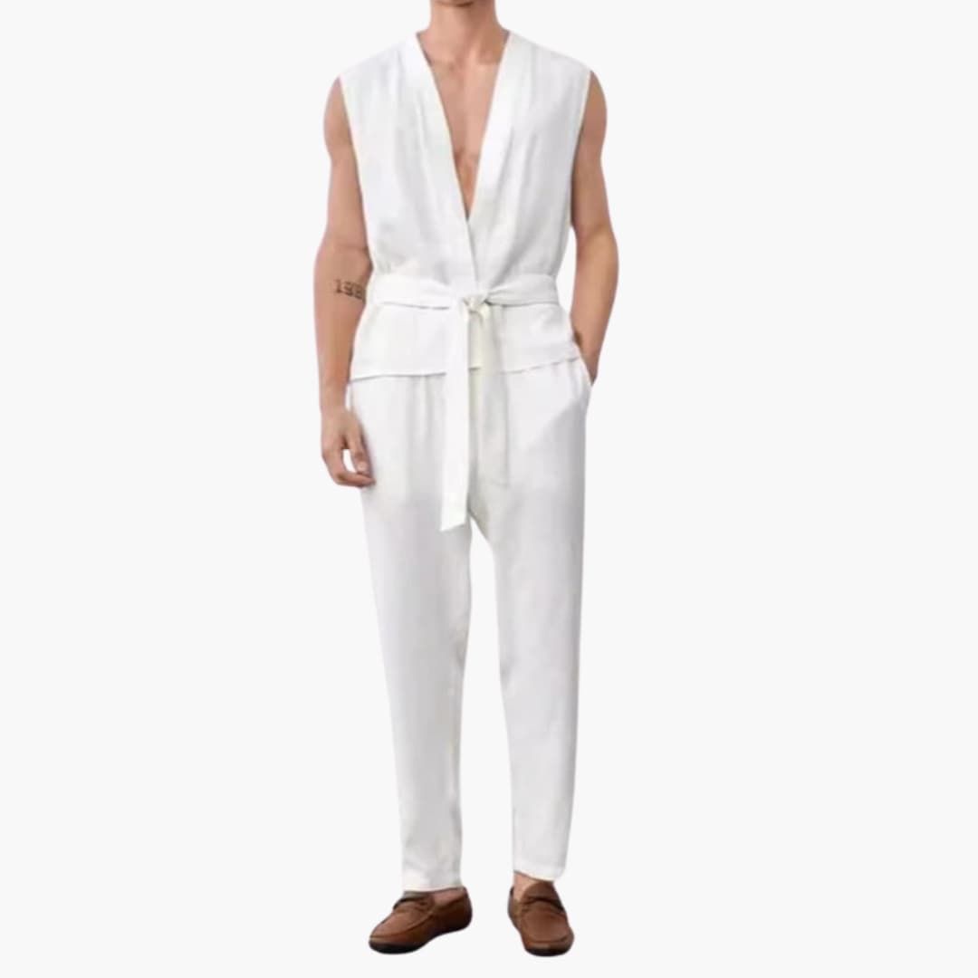 Men's Sleeveless Summer Set V-Neck Belted Pants - VibreMode
