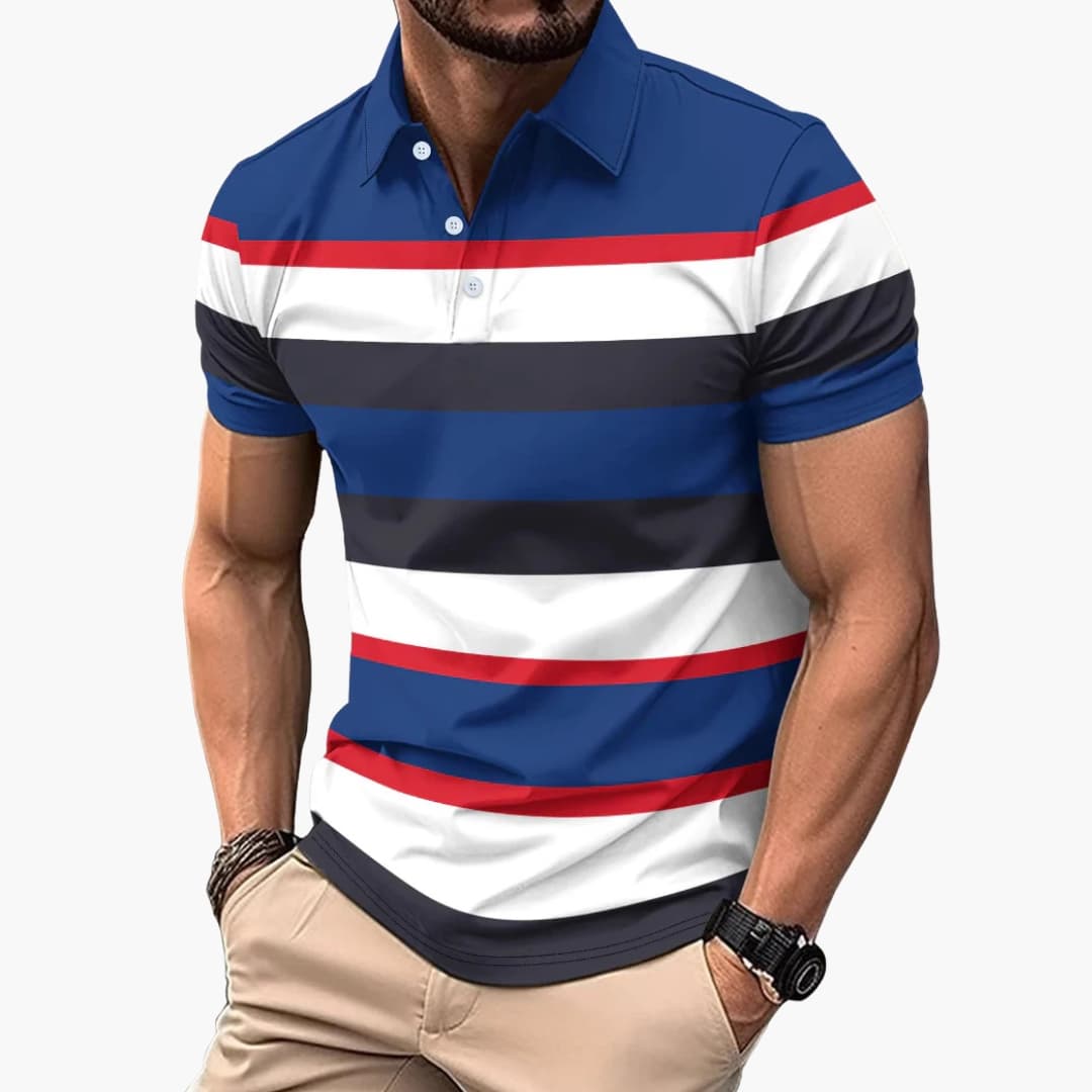 Men's Striped Polo Shirt V-Neck Cotton