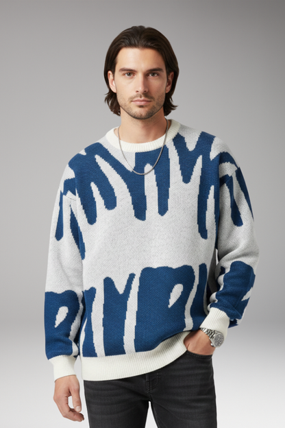 Men's Abstract Print Sweater Ribbed Details