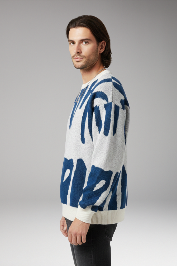 Men's Abstract Print Sweater Ribbed Details