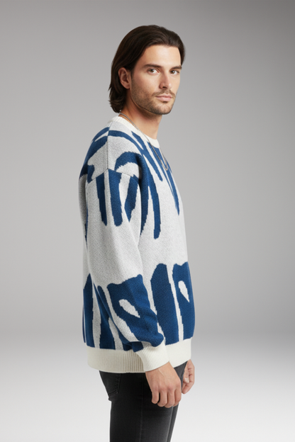 Men's Abstract Print Sweater Ribbed Details