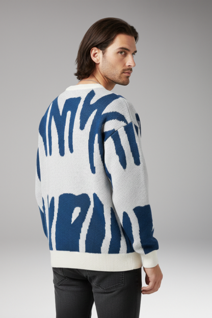 Men's Abstract Print Sweater Ribbed Details