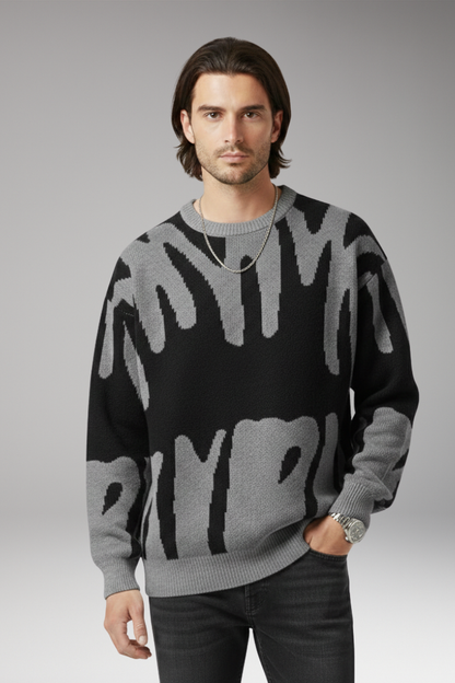 Men's Abstract Print Sweater Ribbed Details