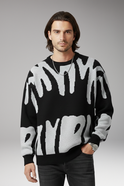 Men's Abstract Print Sweater Ribbed Details