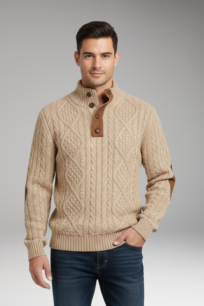 Men's Sweater Button Collar Elbow Patches