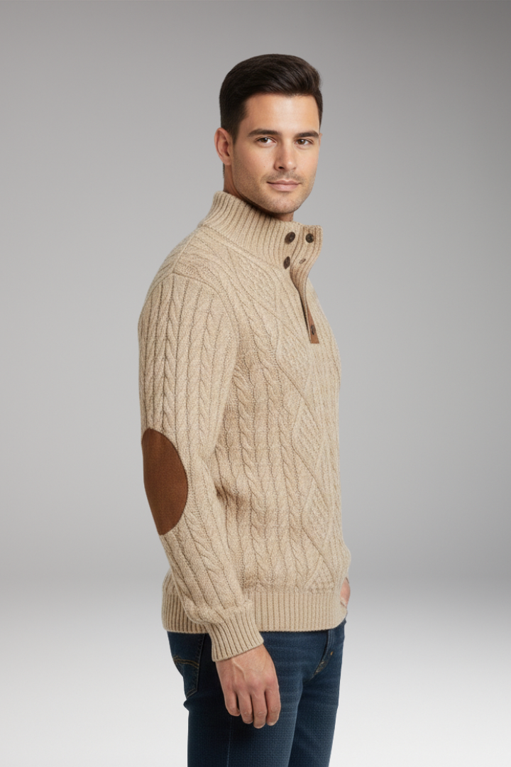 Men's Sweater Button Collar Elbow Patches