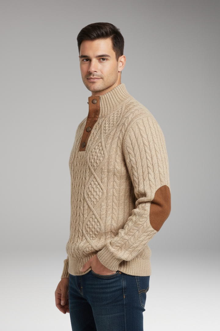 Men's Sweater Button Collar Elbow Patches