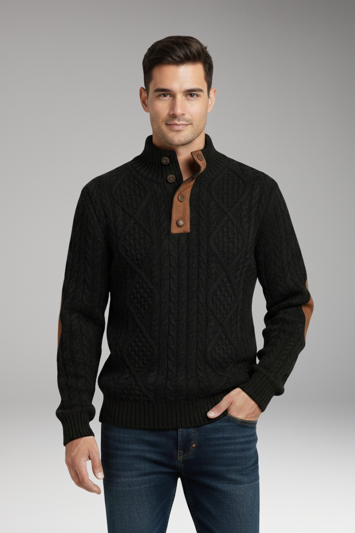 Men's Sweater Button Collar Elbow Patches