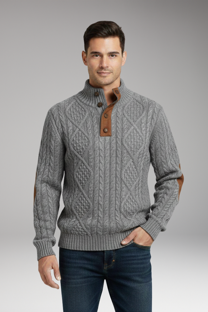 Men's Sweater Button Collar Elbow Patches