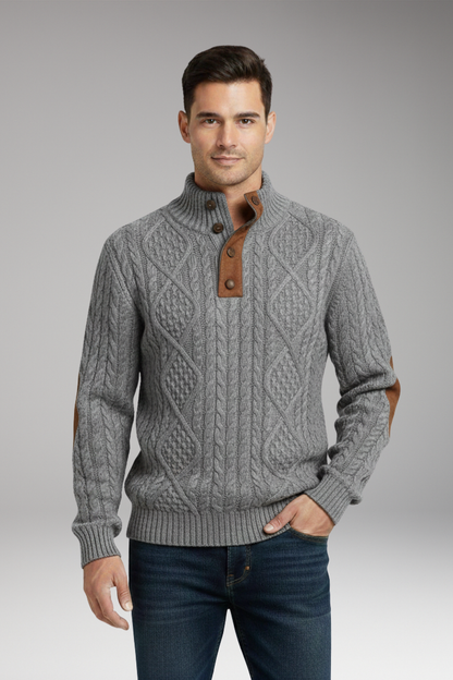 Men's Sweater Button Collar Elbow Patches