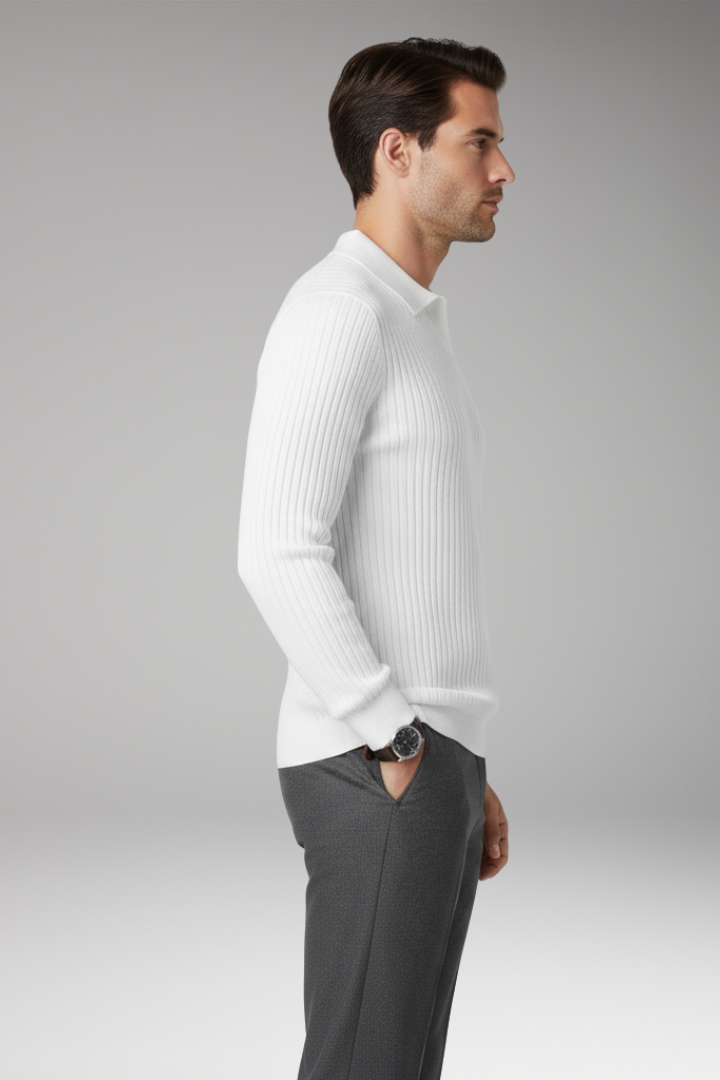 Men's Polo Collar Sweater Ribbed Texture