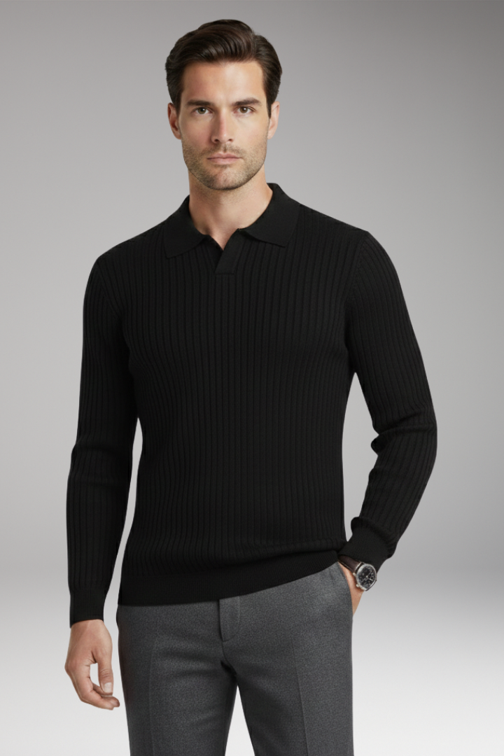 Men's Polo Collar Sweater Ribbed Texture