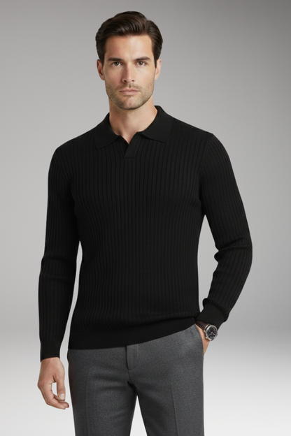 Men's Polo Collar Sweater Ribbed Texture