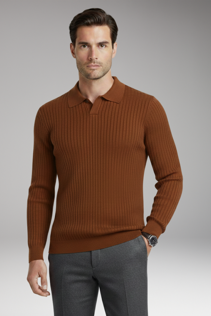Men's Polo Collar Sweater Ribbed Texture