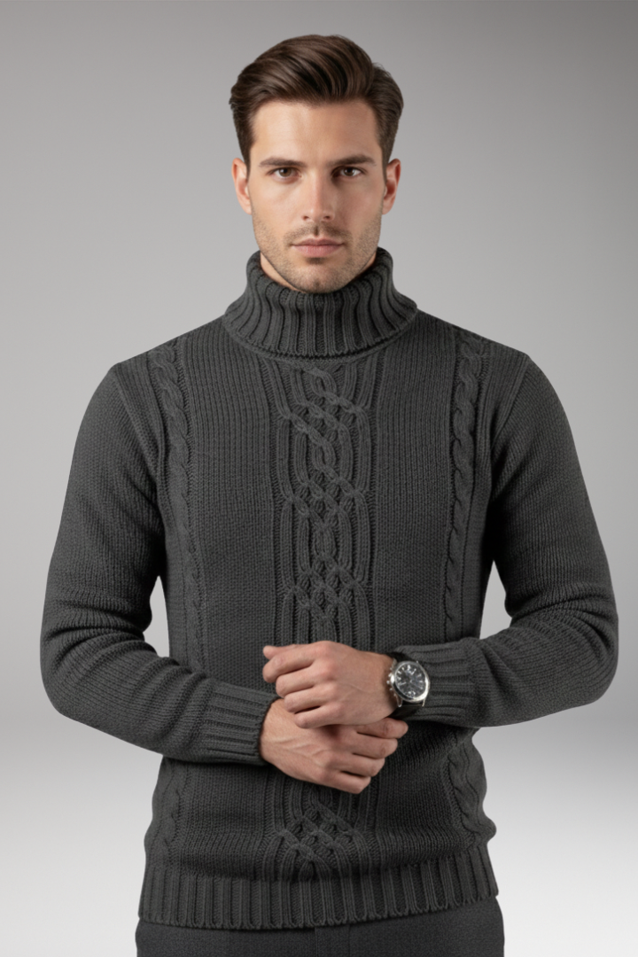 Men's Cable Knit Turtleneck Sweater Ribbed