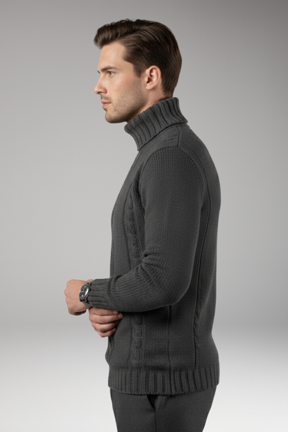 Men's Cable Knit Turtleneck Sweater Ribbed