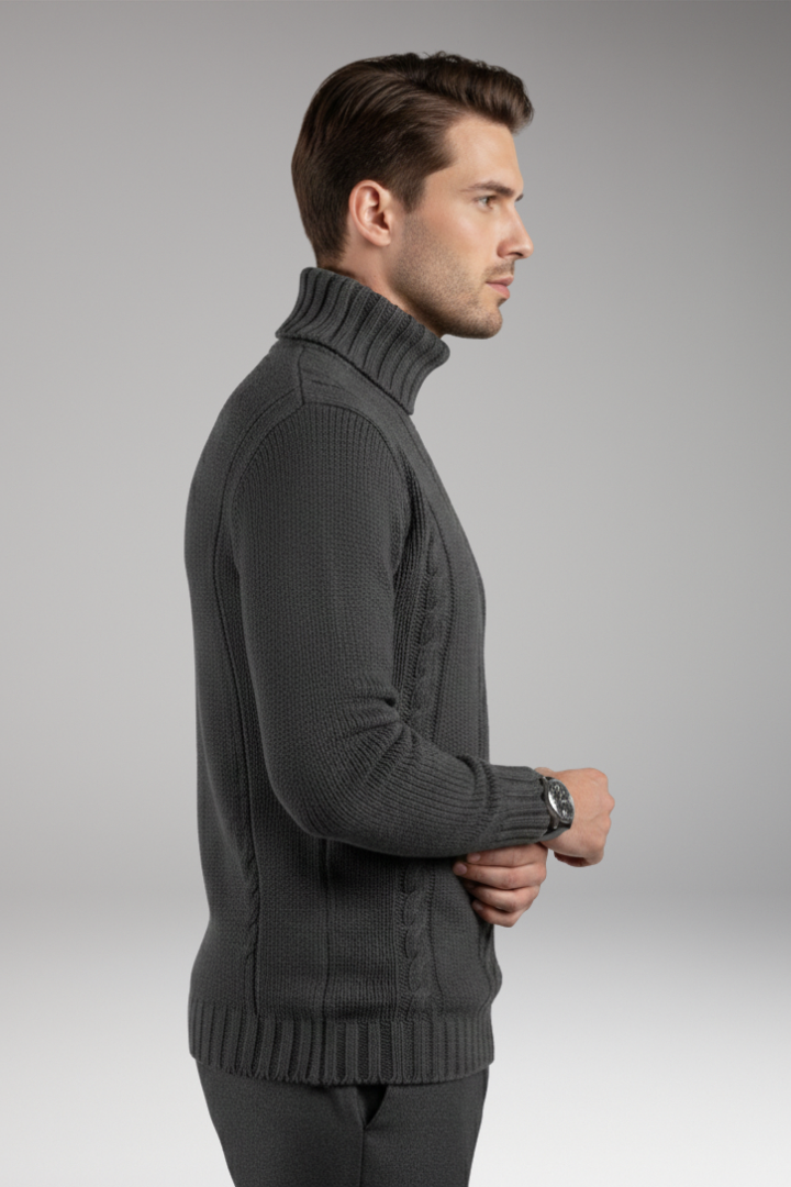 Men's Cable Knit Turtleneck Sweater Ribbed