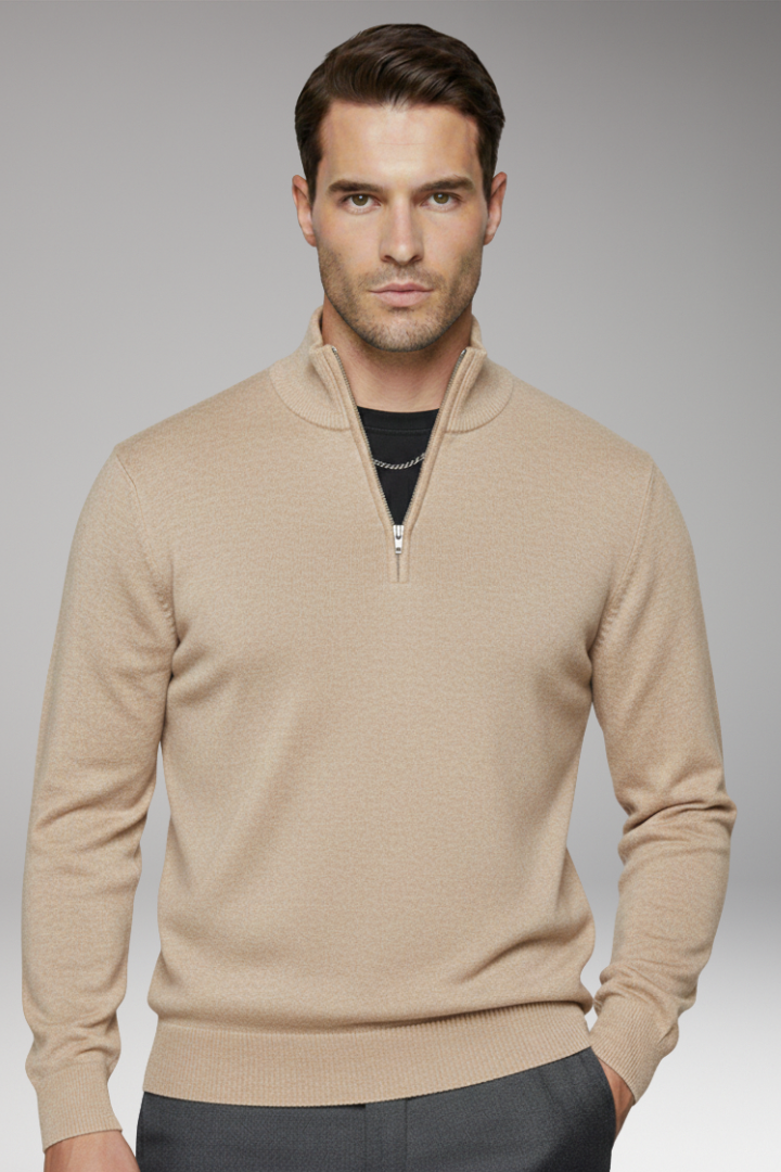 Men's Zip Neck Sweater Ribbed Crew Neck