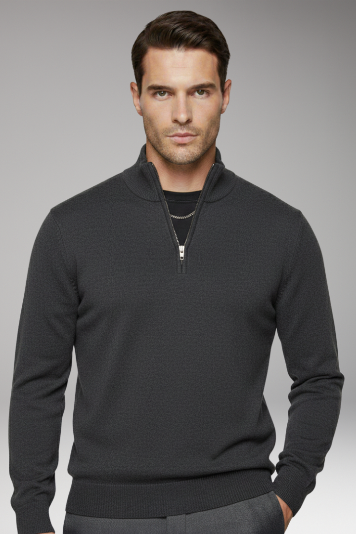 Men's Zip Neck Sweater Ribbed Crew Neck