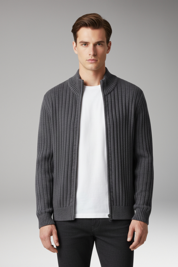 Men's Zip Cardigan Ribbed Front Pockets