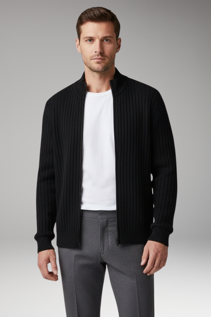 Men's Zip Cardigan Ribbed Front Pockets