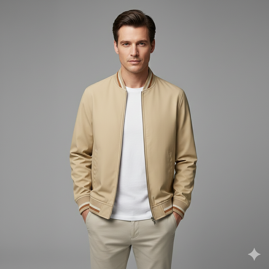 Men's Bomber Jacket Zip Closure Ribbed Trim
