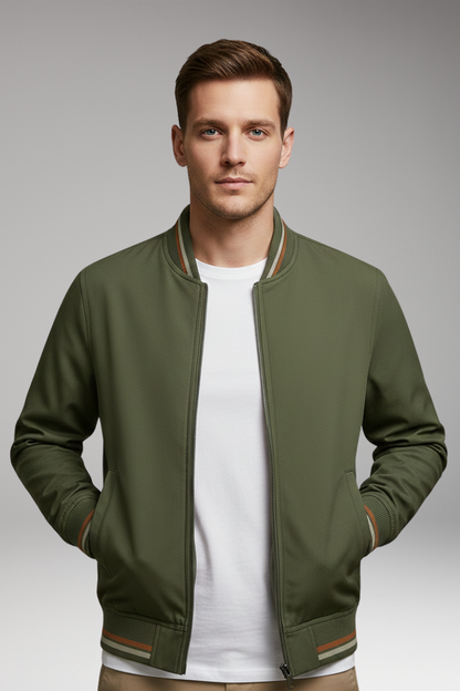 Men's Bomber Jacket Zip Closure Ribbed Trim