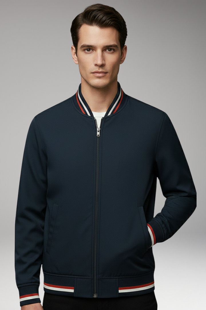 Men's Bomber Jacket Zip Closure Ribbed Trim