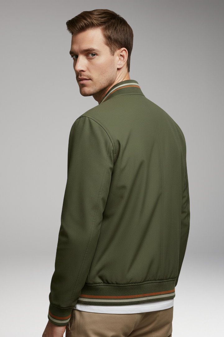 Men's Bomber Jacket Zip Closure Ribbed Trim