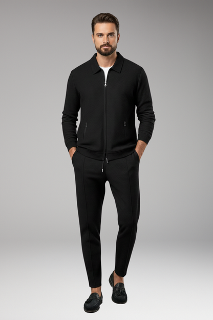 Men's Lapel Collar Jacket Pants Set Waffle Texture