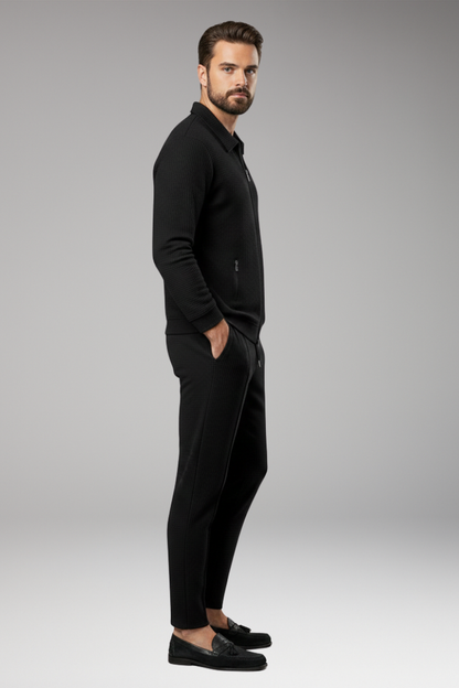 Men's Lapel Collar Jacket Pants Set Waffle Texture
