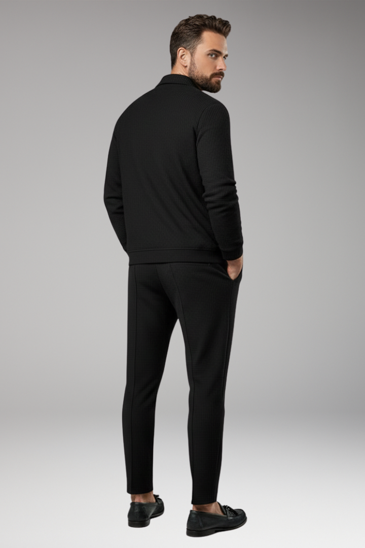 Men's Lapel Collar Jacket Pants Set Waffle Texture