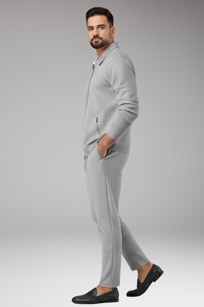 Men's Lapel Collar Jacket Pants Set Waffle Texture