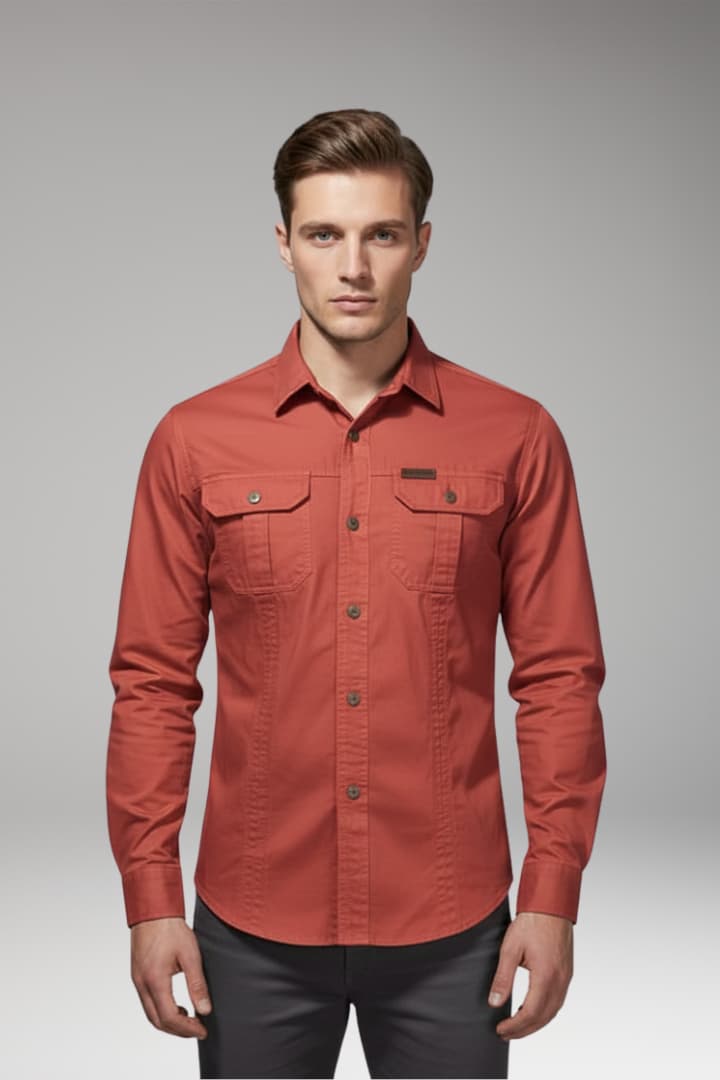 Men's Long Sleeve Cargo Shirt Chest Pockets