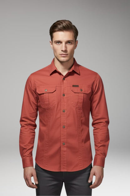 Men's Long Sleeve Cargo Shirt Chest Pockets