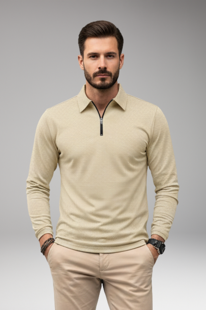 Men's Long Sleeve Polo Zipper Textured Shirt