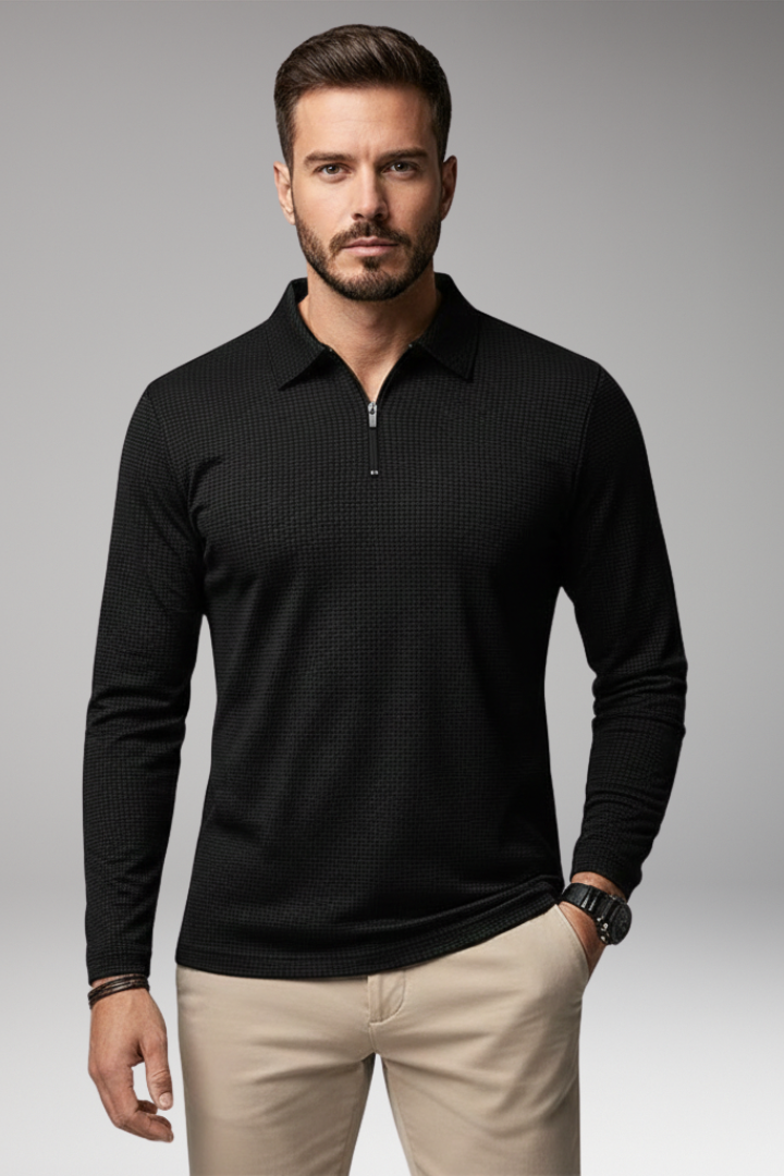 Men's Long Sleeve Polo Zipper Textured Shirt