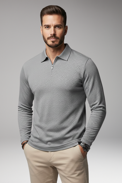 Men's Long Sleeve Polo Zipper Textured Shirt